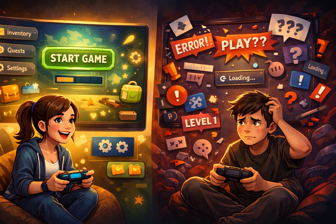 Illustration showing a player enjoying a bright, clean game interface with smooth visuals and calm colors, conveying confidence, clarity, and positive first impressions.