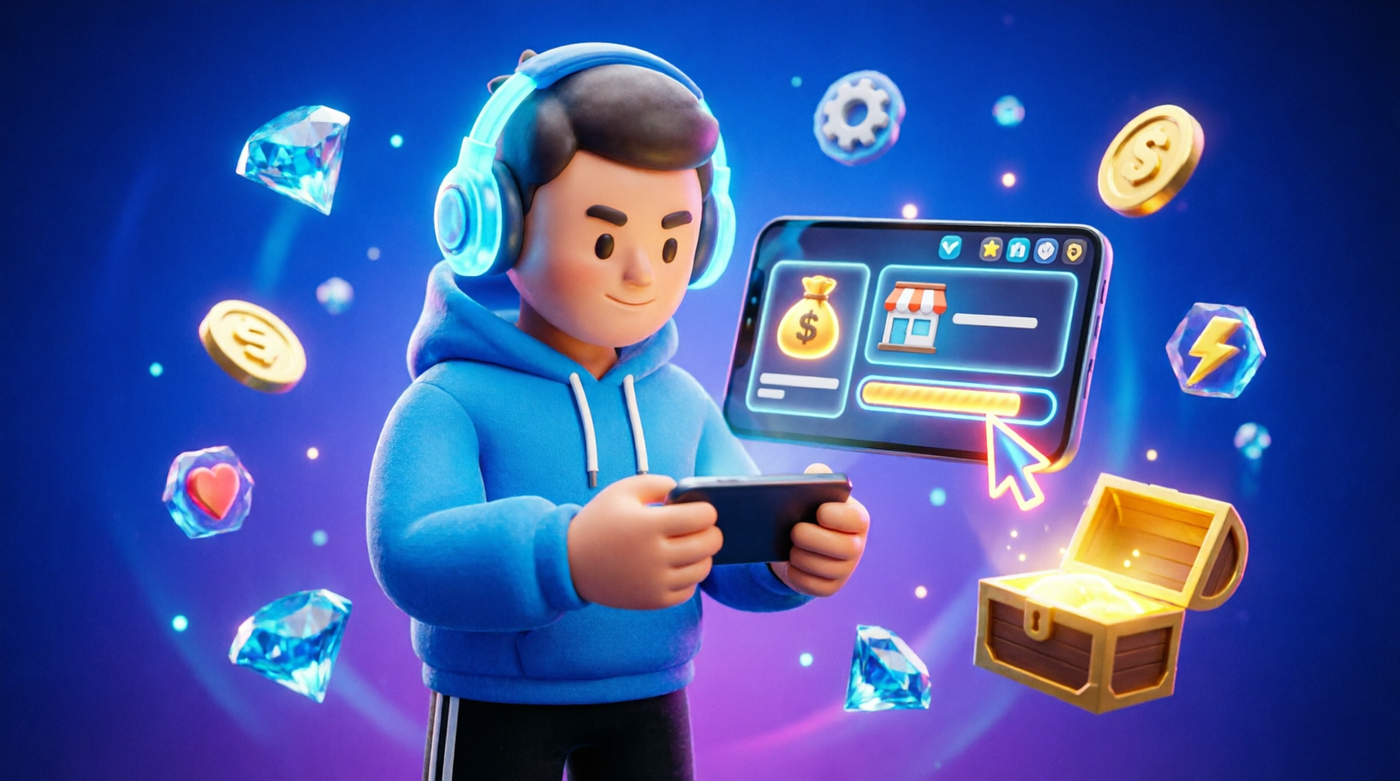 3D gamer testing offerwall placement options with UI elements, gems, coins, and treasure chest in blue-purple neon theme