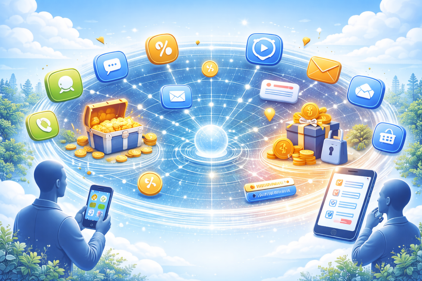 Two faceless users engaging with digital rewards floating around, combining instant and delayed incentives, set against a sky-blue background.