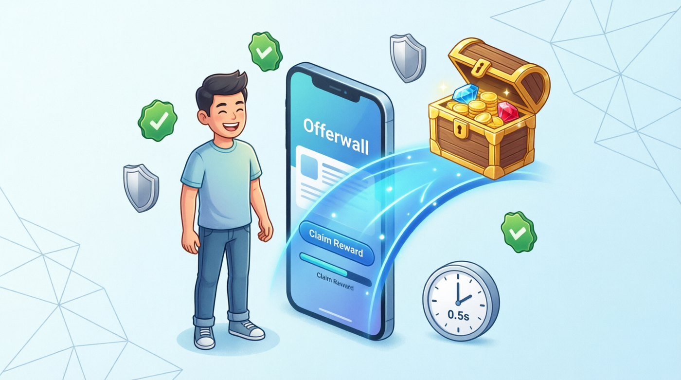 Fast reward timing building user trust with 0.5s instant delivery, secure offerwall, and valuable treasure rewards