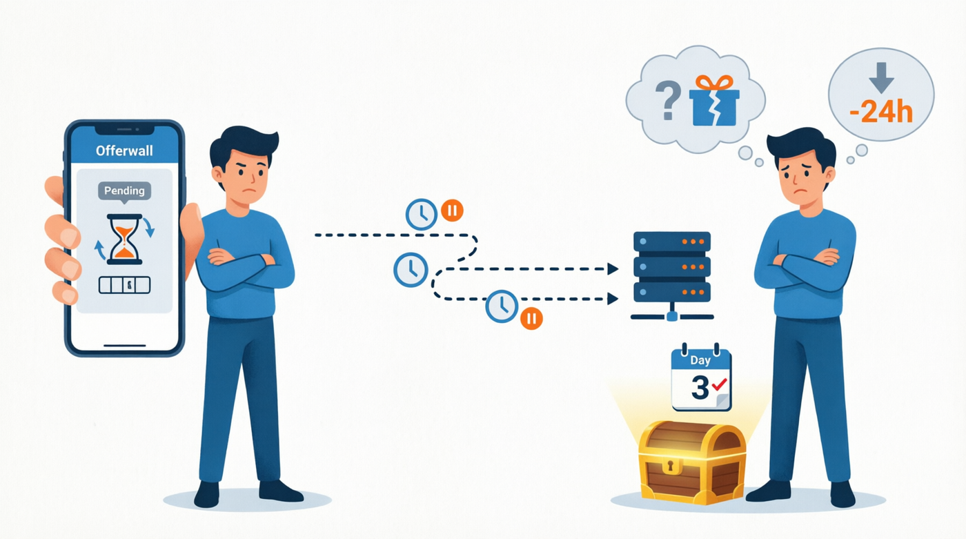 User waiting for delayed postback rewards showing pending status, slow server processing with clock indicators, calendar showing 3-day delay, and frustrated user wondering about late treasure chest reward