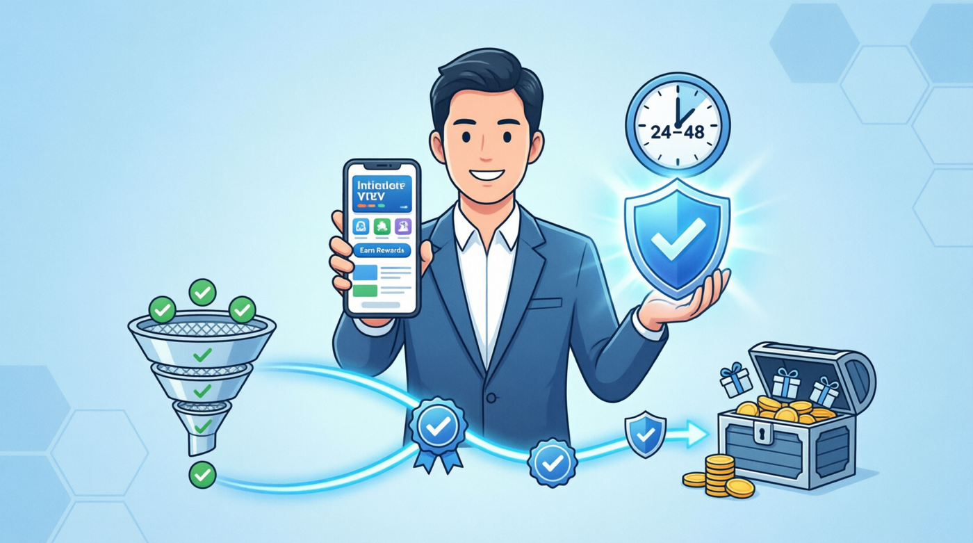 Delayed rewards with 24-48h verification protecting advertiser quality through funnel filtering and secure reward delivery