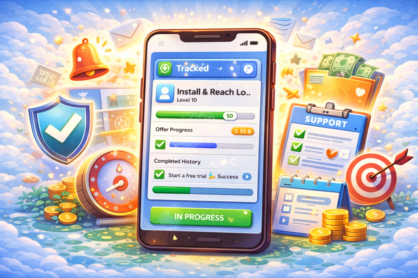 Offerwall tracking screen showing task progress, verification icons, support checklist, and reward coins indicating transparent offer completion.