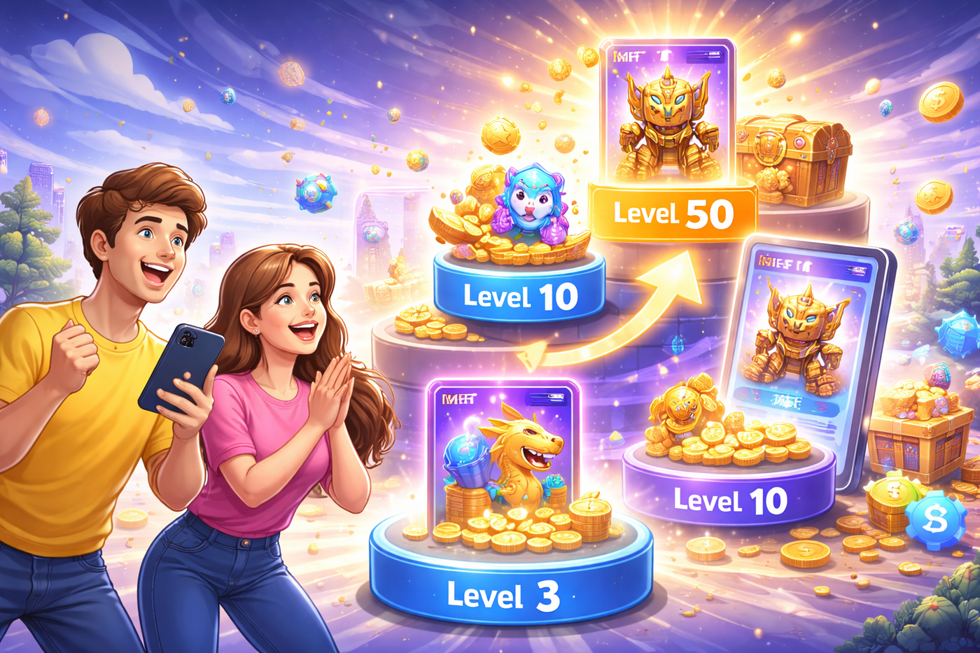 Excited couple celebrates near tiered platforms displaying game character cards and gold coins for levels 3, 10, and 50.