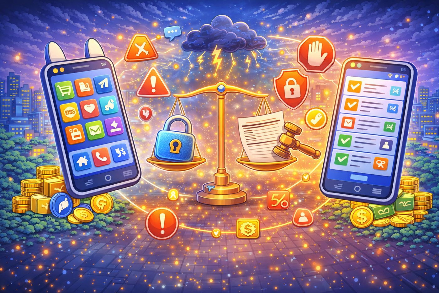 Challenges in merging systems shown with balance scale, alerts, and app interfaces