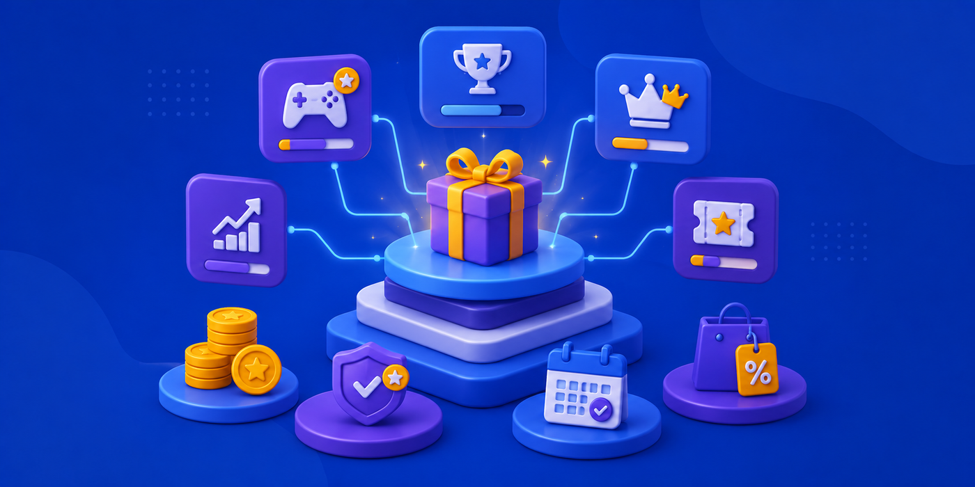Modern 3D graphic titled 'The New Reward Economy: Why Users Expect More Than Coins and Gems', showing evolution from virtual coins and gems to real-world rewards like gift cards, cash, and exclusive offers.