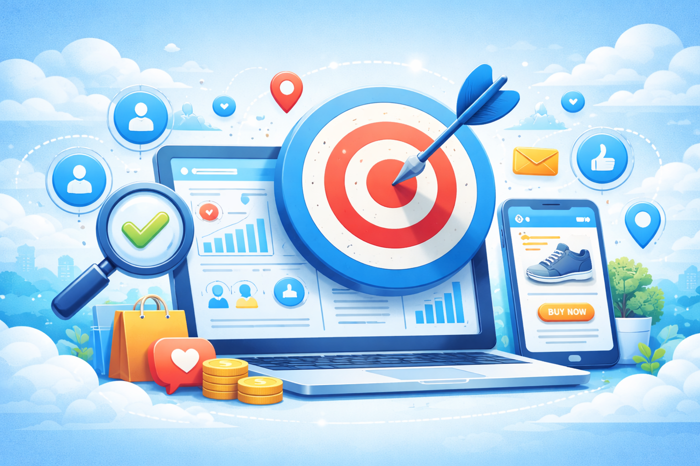 Digital marketing target with analytics dashboard showing audience targeting.