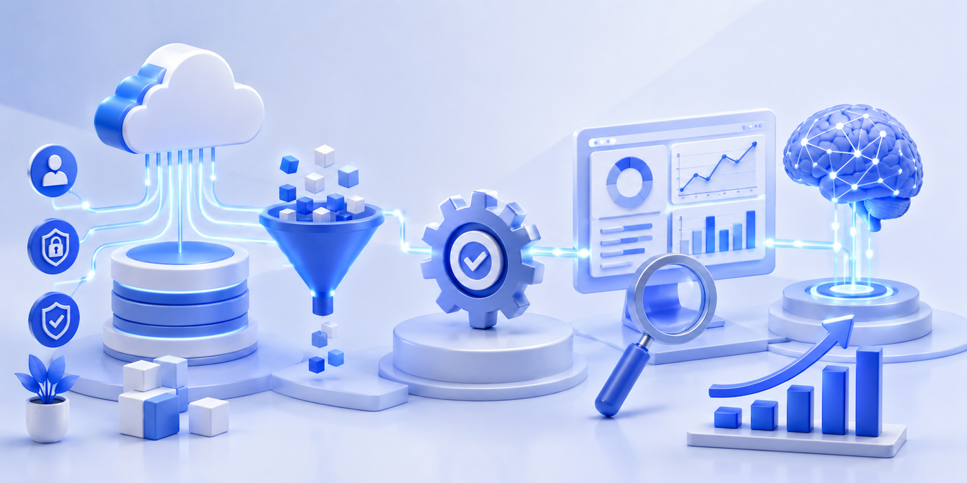 Data funnel feeding automation and performance dashboards.
