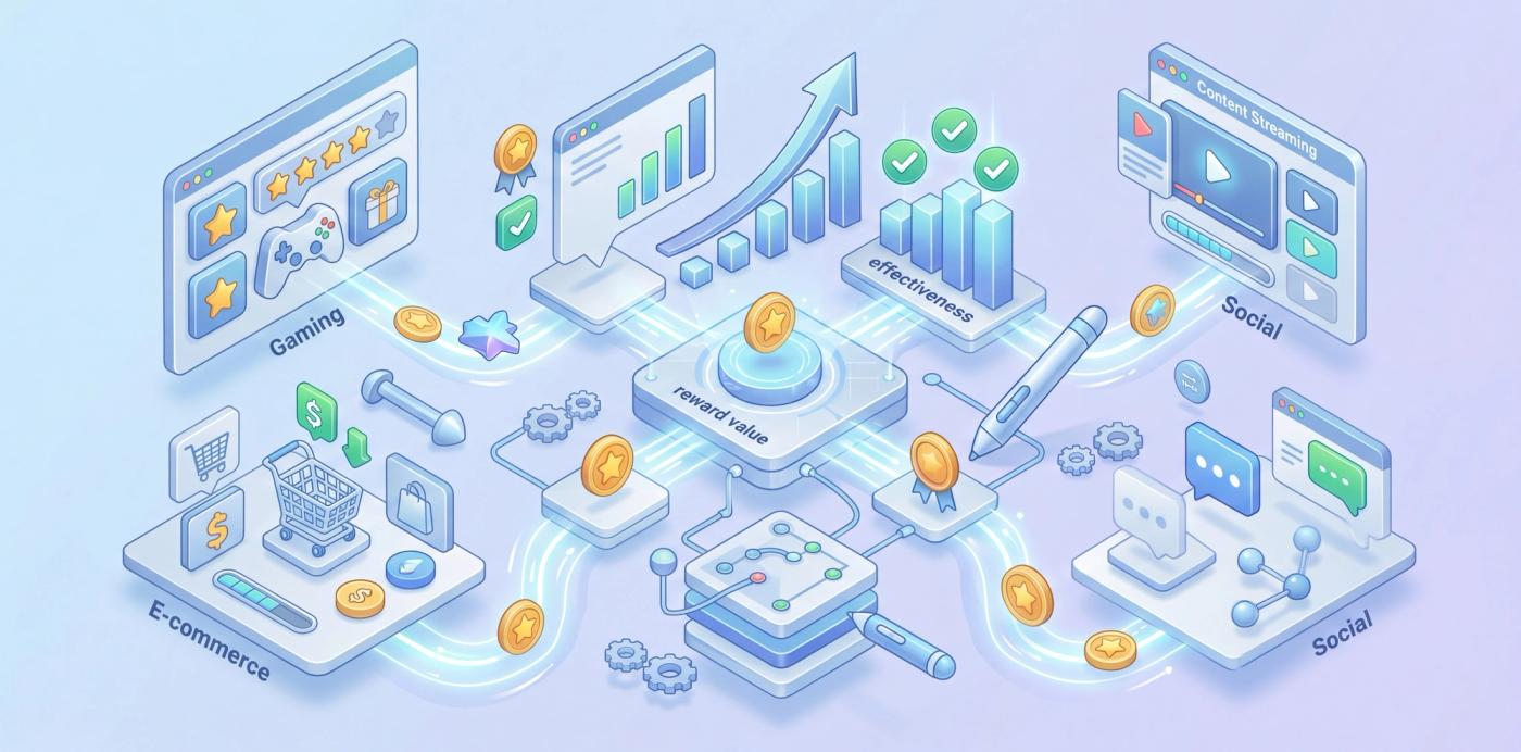 Isometric illustration of networked devices with growth charts and happy user icons, symbolizing integrated reward success.