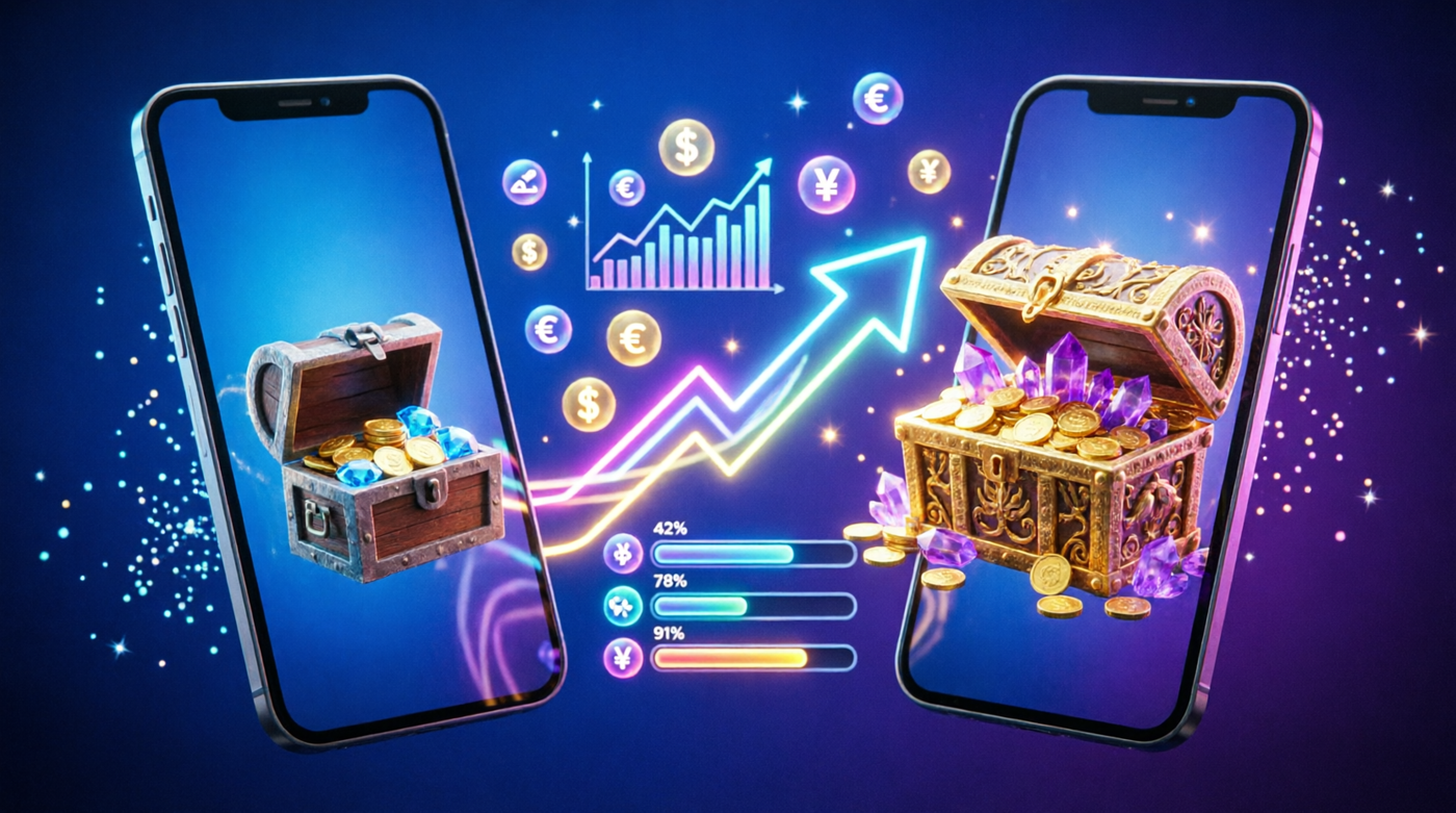 A/B testing reward amounts comparison with small vs large treasure chests, growth charts, and engagement metrics on dual phones