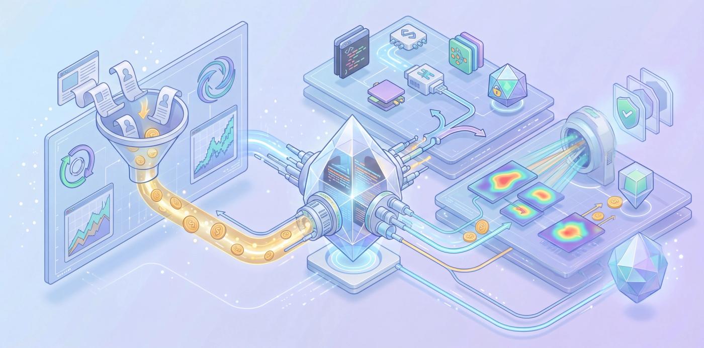  Isometric data pipeline where coins and profiles funnel into a central processing crystal for analytical output.