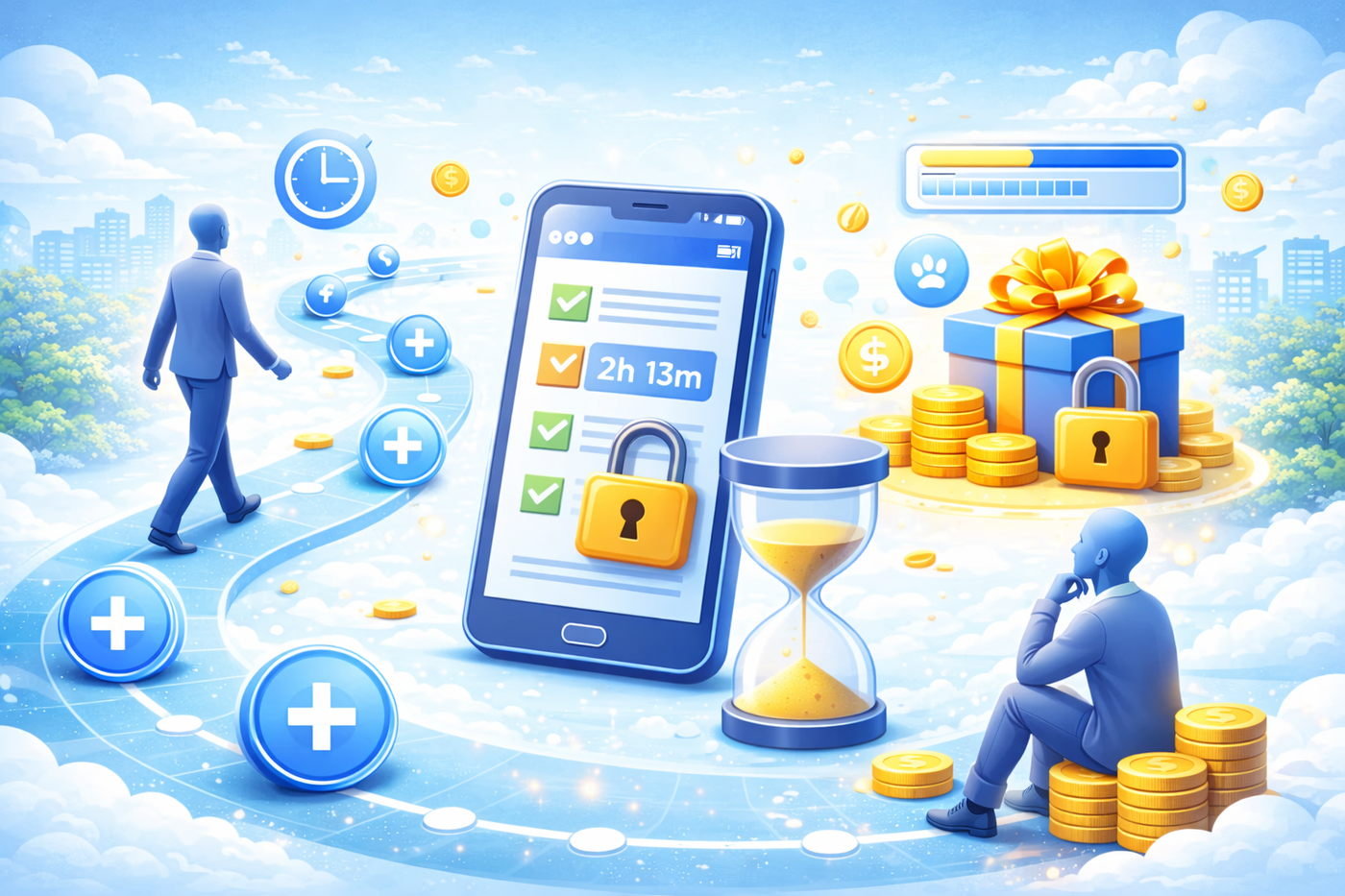 User navigating a digital interface with instant and delayed rewards, progress bars, and an hourglass, representing engagement and monetization.