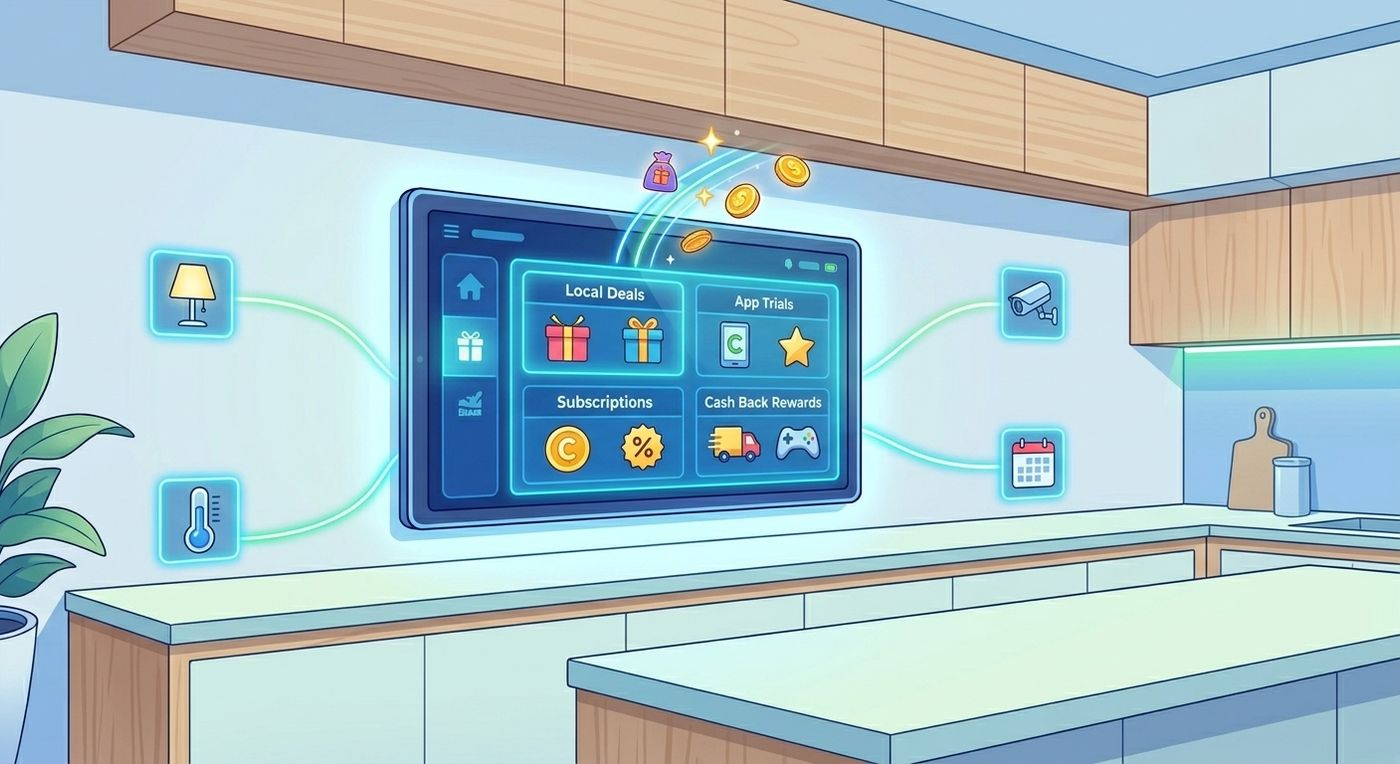 A detailed digital illustration focusing on a large kitchen smart home hub display mounted on a wall. Action icons (lighting, security) and stylized offer cards are clearly linked to the central interface.