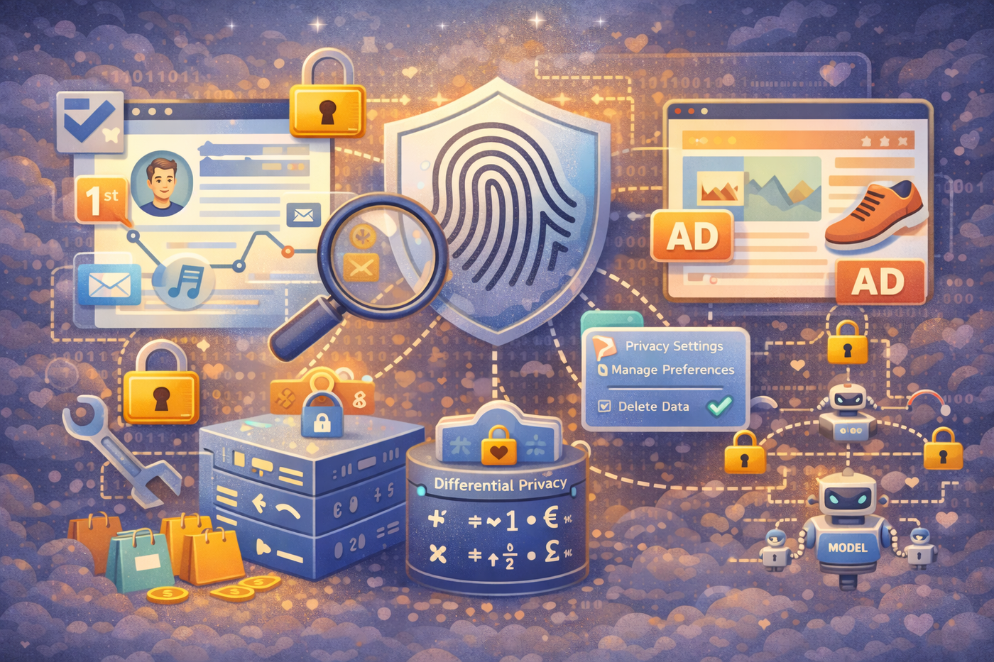An illustration of data privacy technologies, showing a central security shield, differential privacy, and user data settings.