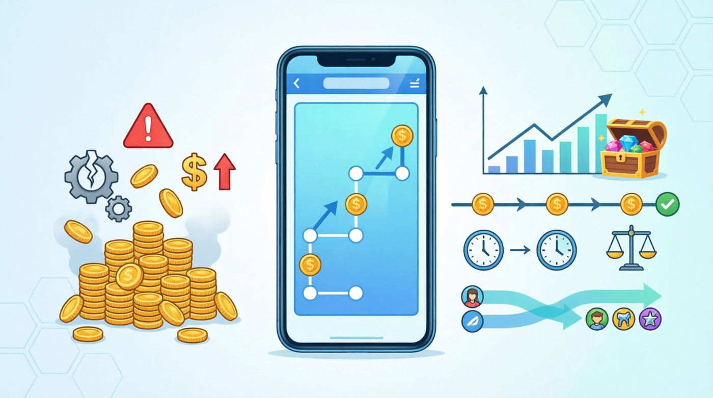 "Poor reward timing causing game economy imbalance with inflation versus balanced economy with proper timing and stable growth