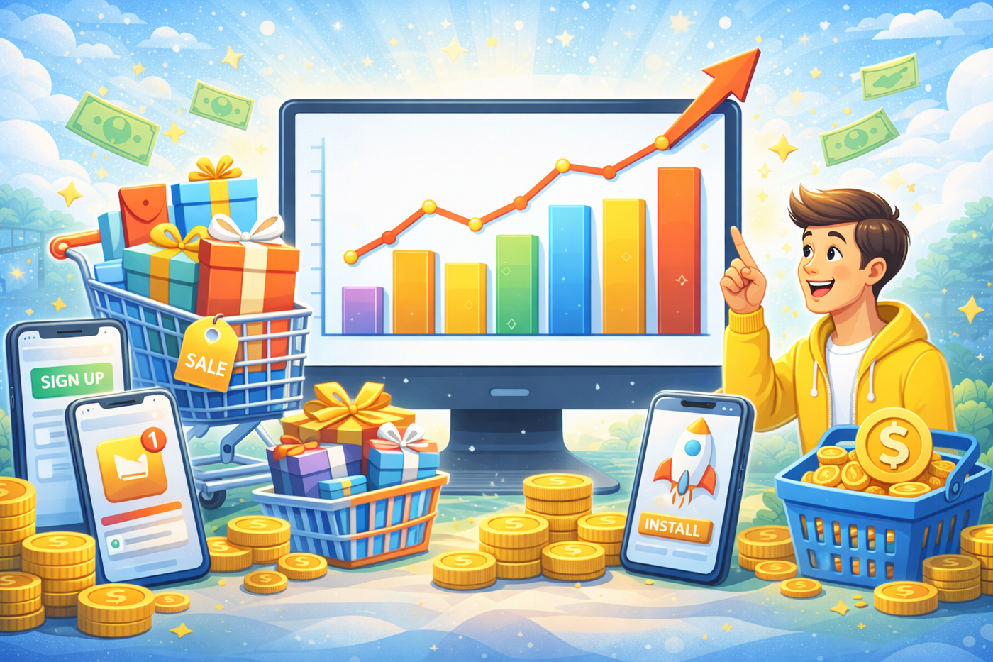 Coins, badges, and checkmarks floating around users interacting with a smooth offerwall interface.