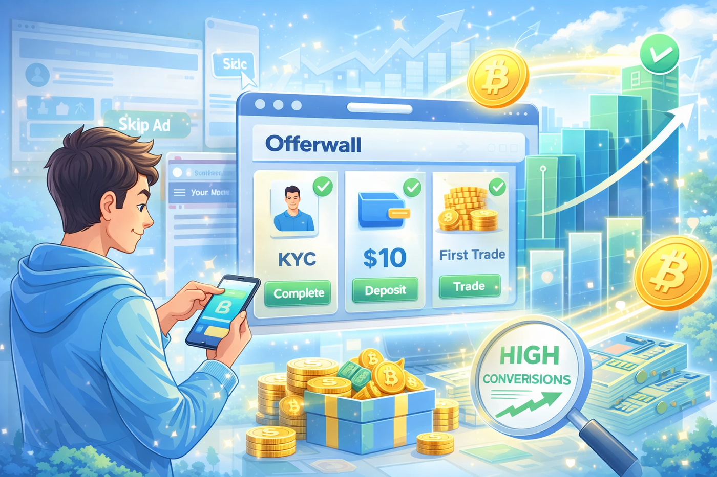 A young man engaging with an offerwall on his smartphone, completing KYC, deposit, and trade tasks, with floating Bitcoin coins and financial progress symbols.