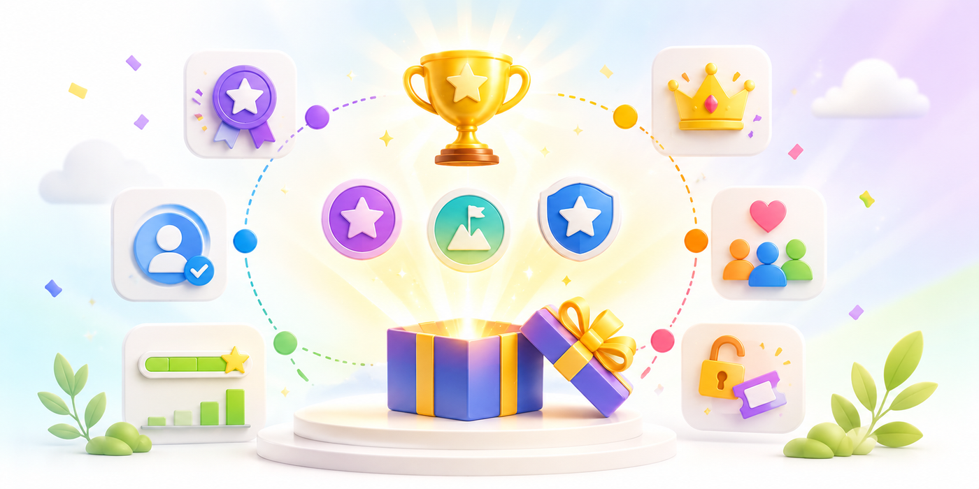 Gift box releasing achievement icons, symbolizing invisible rewards and user motivation.