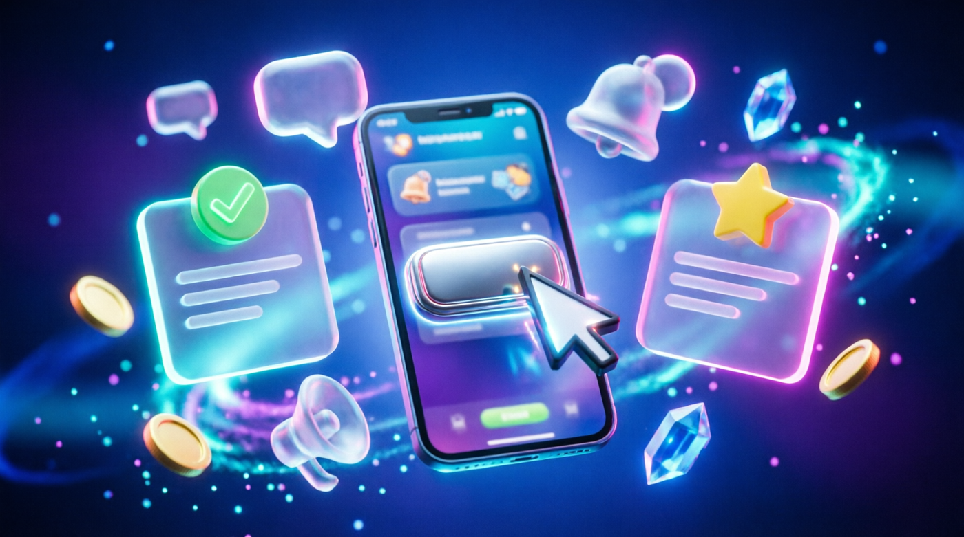 Offerwall A/B testing with different CTA messages, notification bells, speech bubbles, and reward icons on smartphone