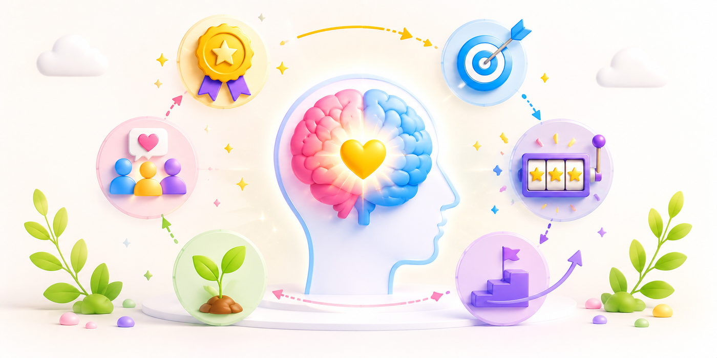 Human mind surrounded by motivation icons, showing psychology behind invisible rewards.
