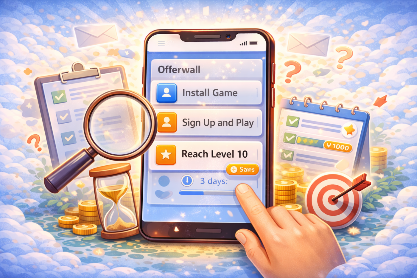 Offerwall task list with clear steps like install game and reach level 10