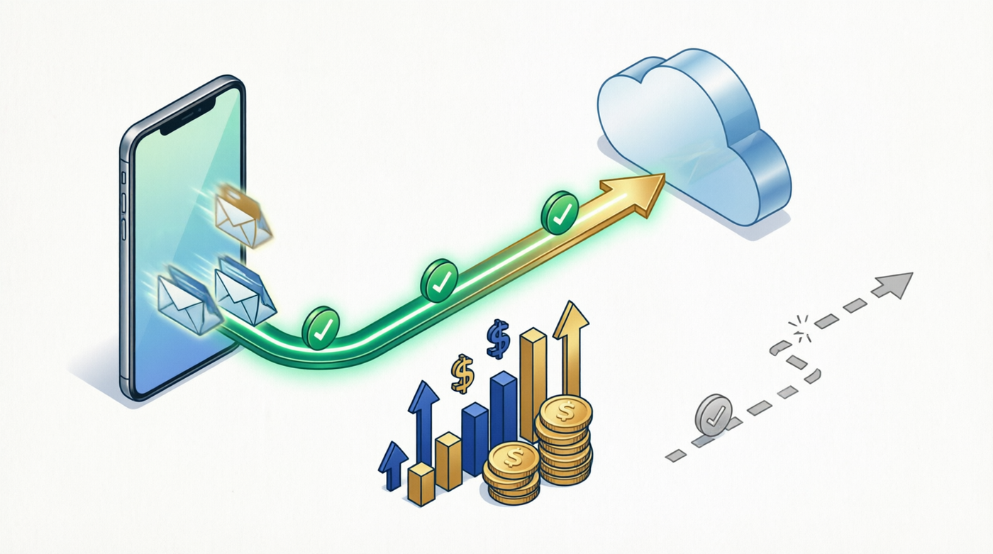 Accurate postbacks driving revenue growth with green verified pathway and rising charts, versus broken path showing lost conversions