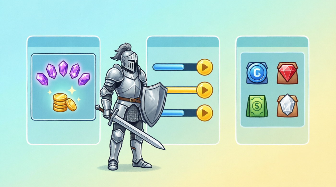 RPG knight character between currency panels, upgrade progress bars, and gem store interface