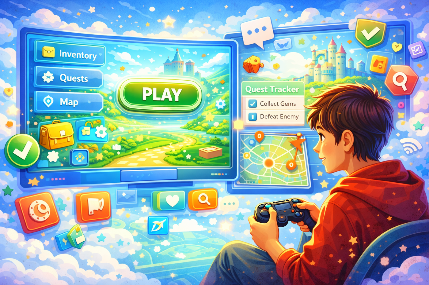 Illustration of a player calmly immersed in gameplay, navigating a clean and intuitive game interface with minimal distractions, representing reduced cognitive load and effortless understanding through strong UX design.