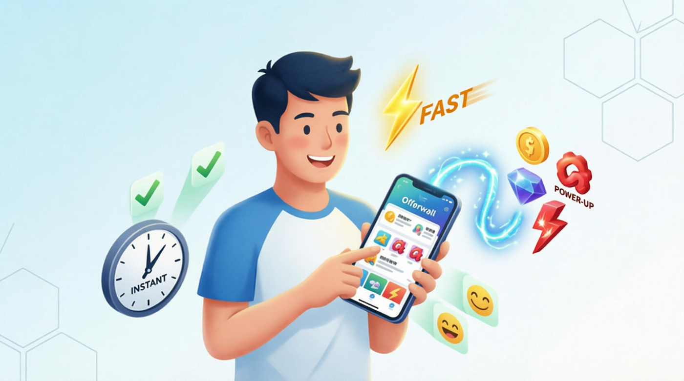 Happy user engaging with instant offerwall rewards showing fast delivery with lightning bolt, instant clock, coins, gems, and power-ups