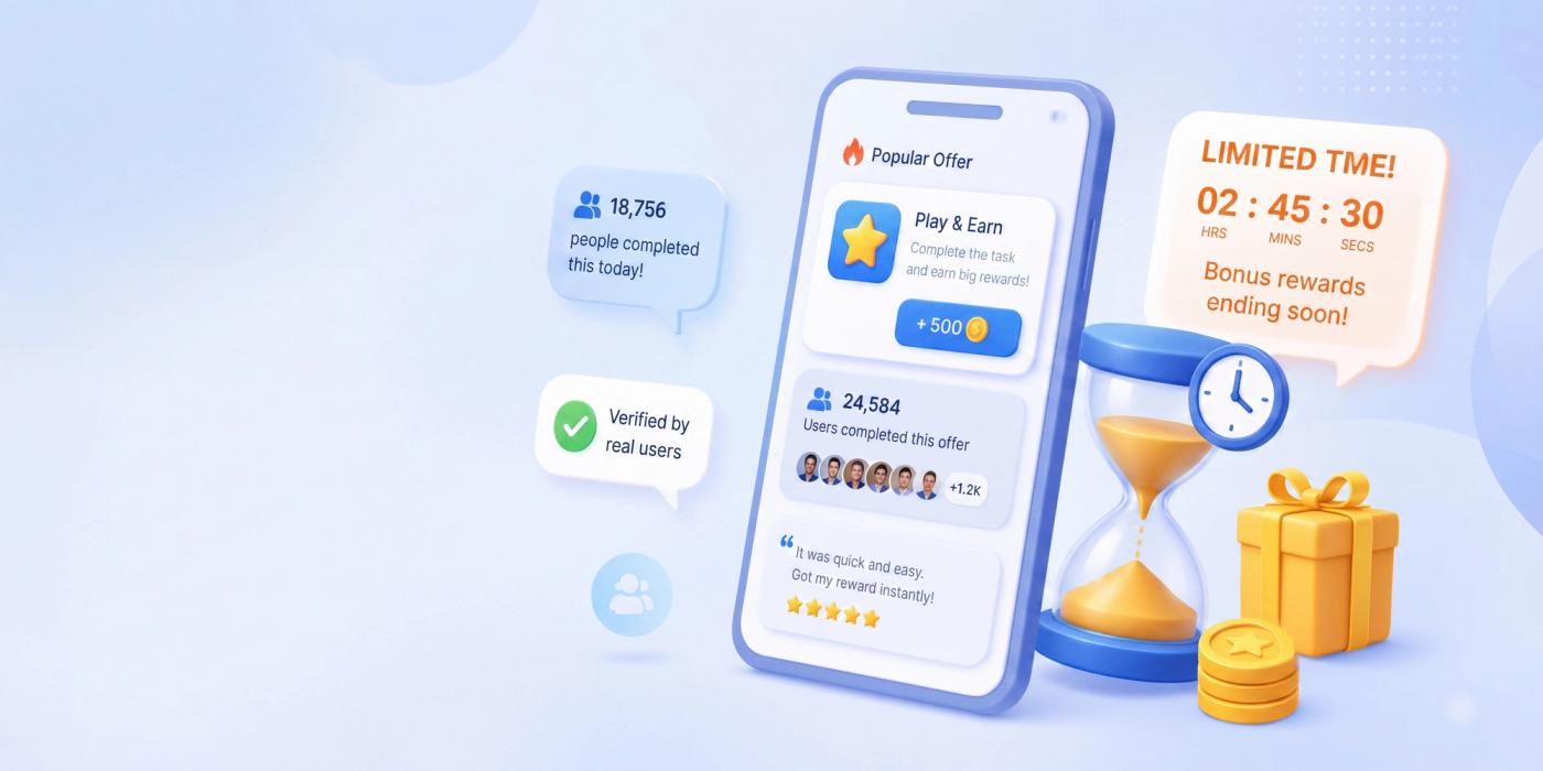 Offer app showing social proof, rewards, and timer