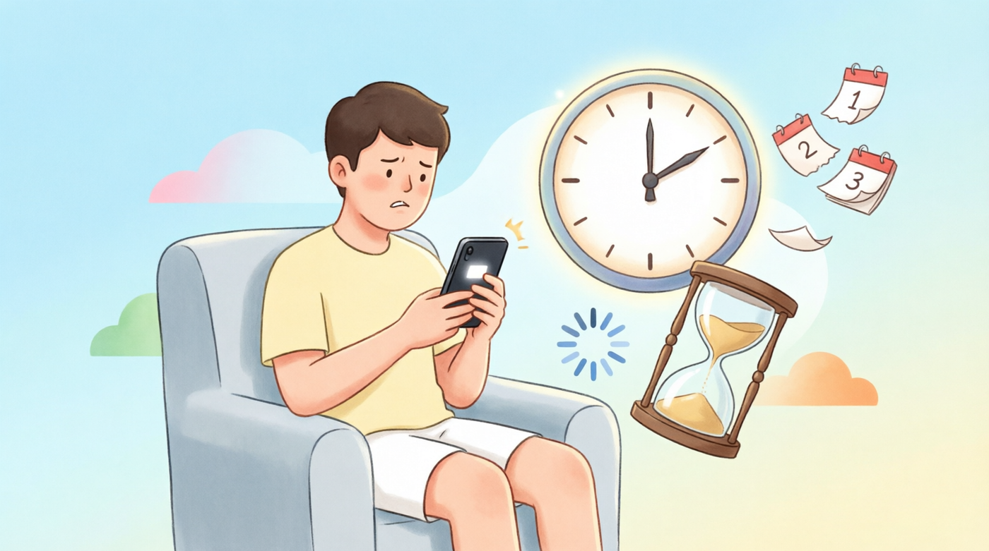 Frustrated user waiting for support response with clock, calendar pages and hourglass showing delays