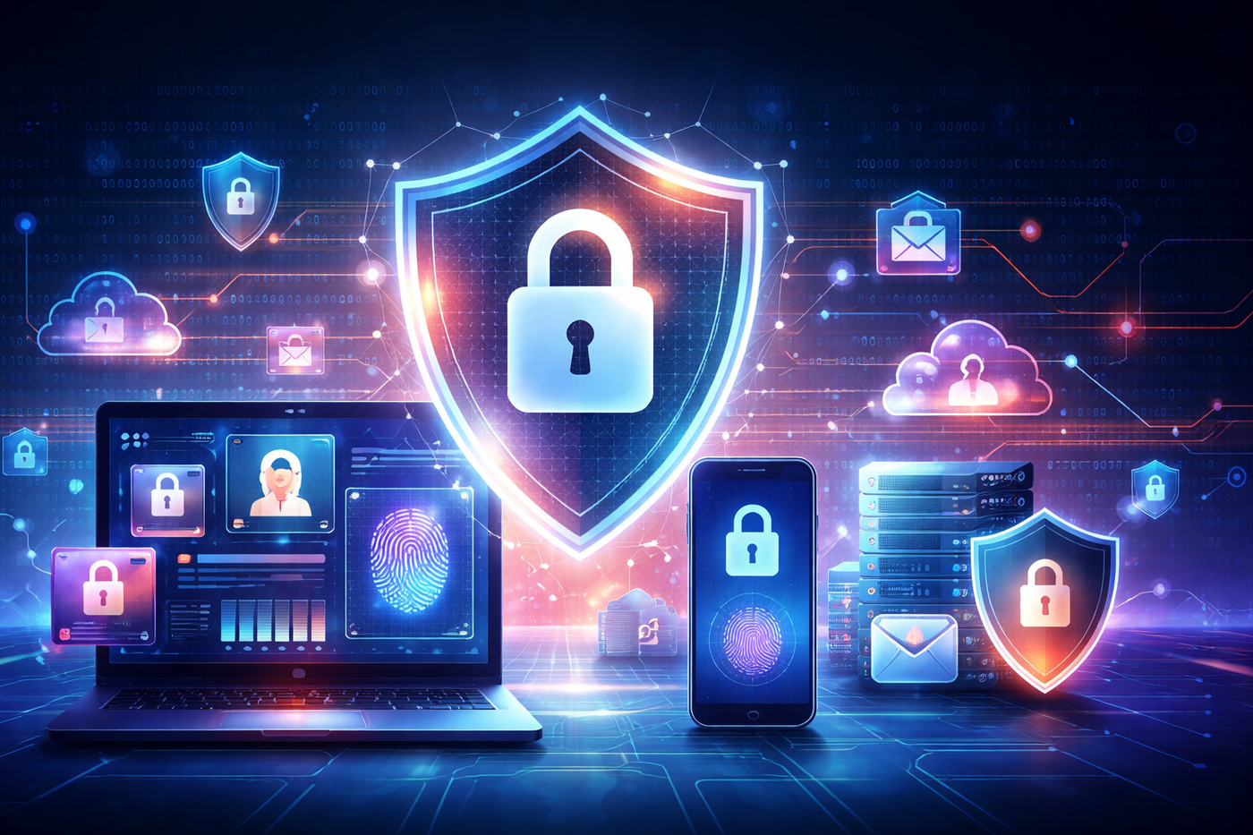 A futuristic digital landscape with a glowing shield and padlock, symbolizing data privacy and security in AI-driven advertising.