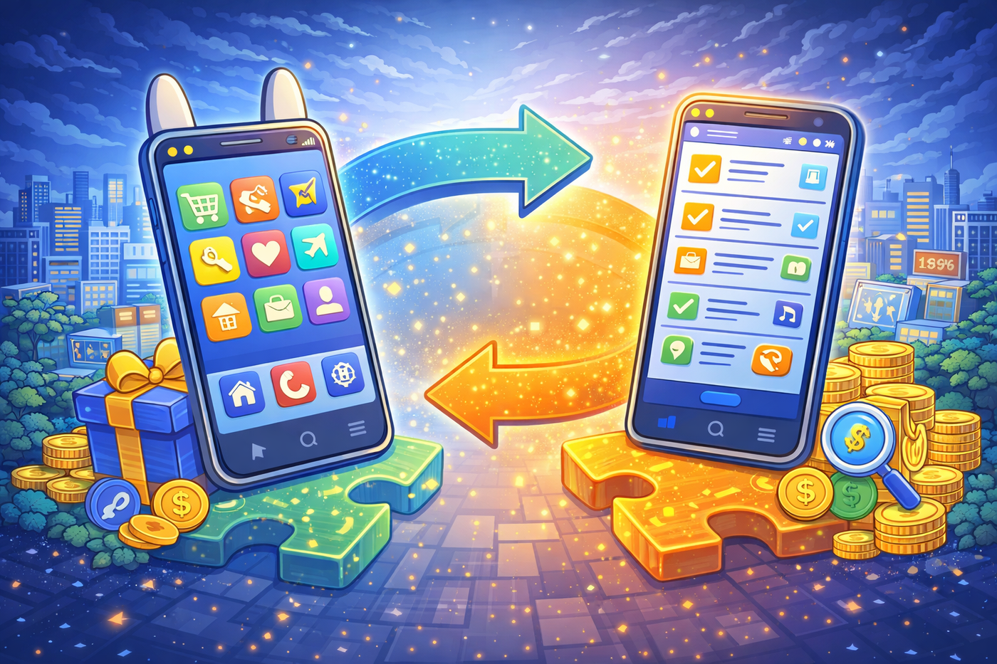Two smartphones showing super app features and offerwall tasks side by side