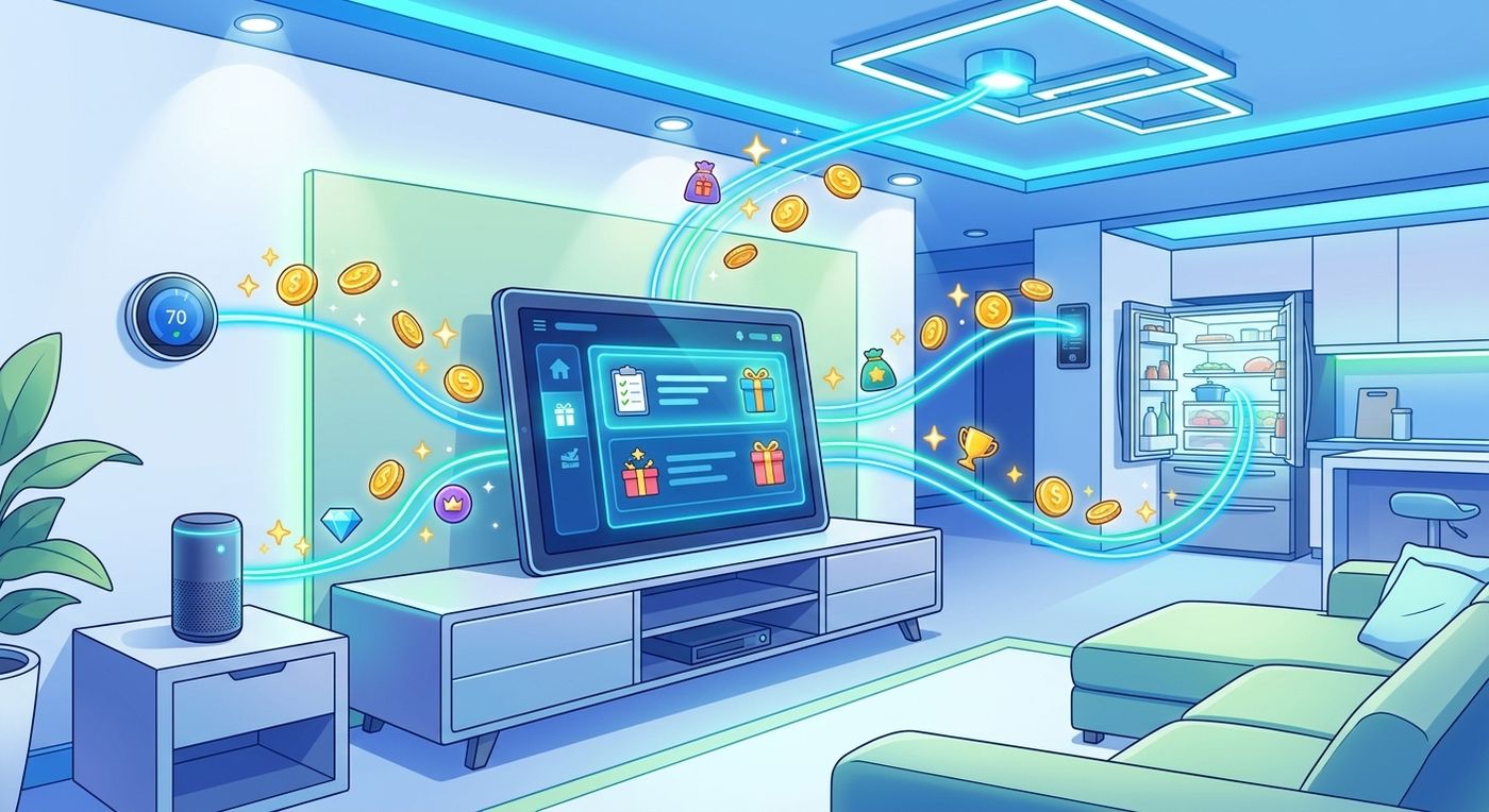 A colorful digital illustration showing a modern, connected smart home with glowing lines linking multiple appliances like a thermostat, speaker, and fridge to a central offerwall on a tablet.