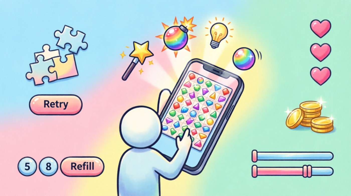 Puzzle game player viewing match-3 board on smartphone with retry button, boosters, hearts, coins, and refill options