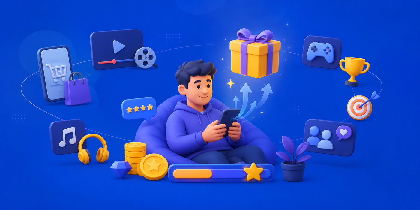 Smiling young man in a hoodie sitting in a beanbag chair using a smartphone, surrounded by floating digital reward and entertainment icons on a vibrant blue background.