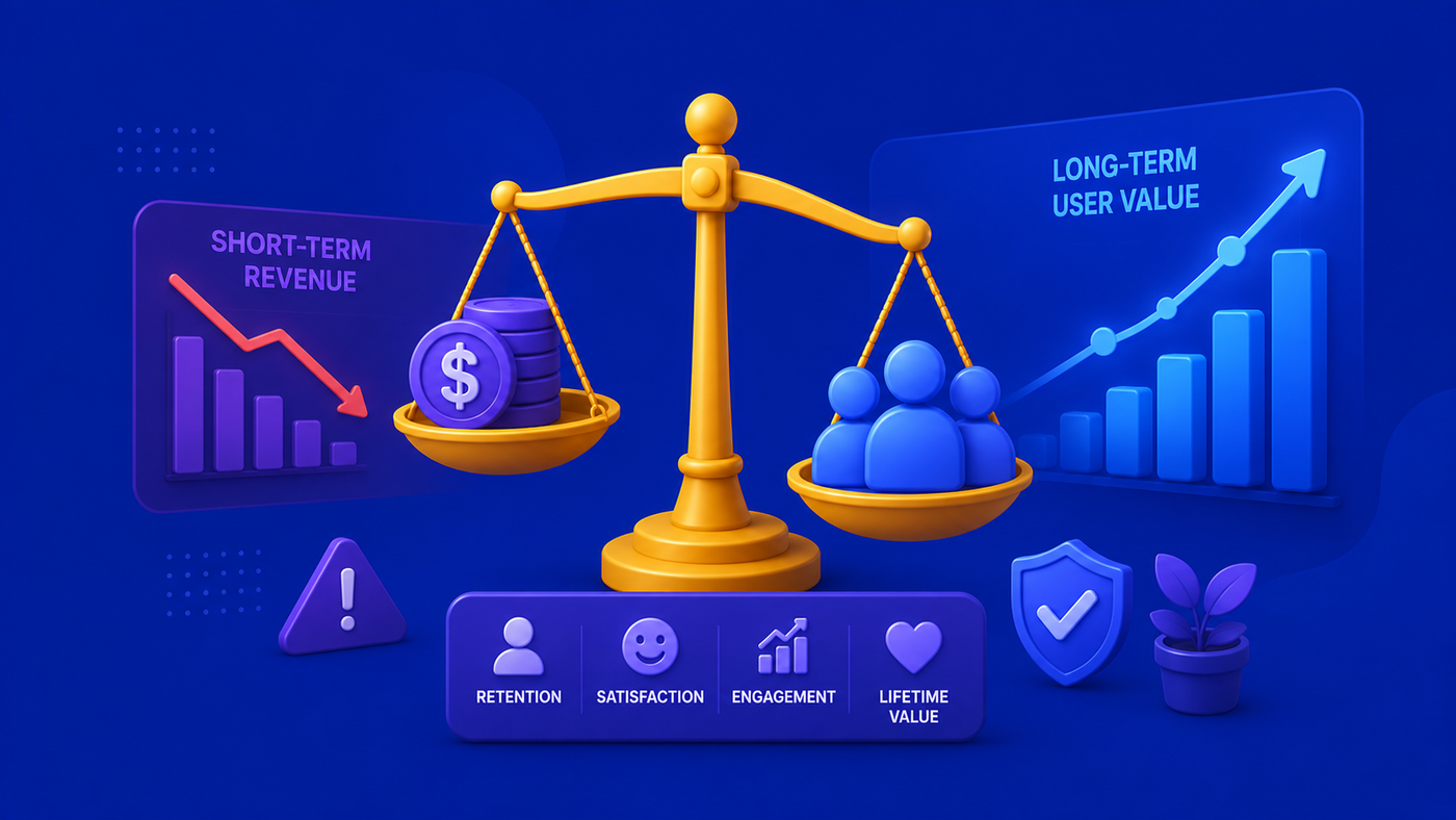 3D illustration comparing short-term revenue decisions with long-term user value, retention, and sustainable growth.