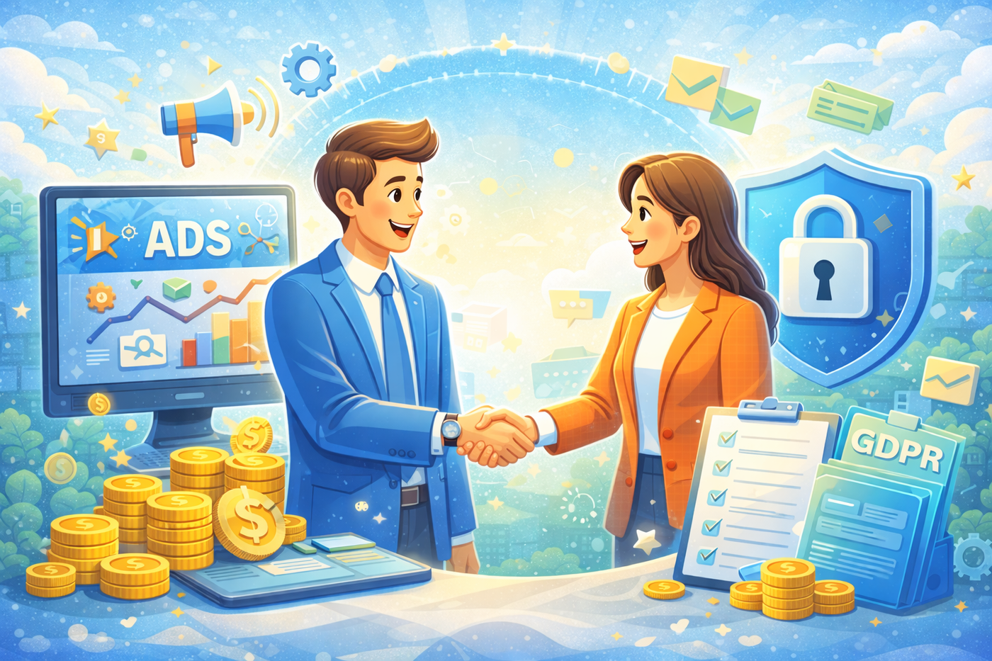 Users celebrating achievements with digital rewards, coins, and colorful icons.