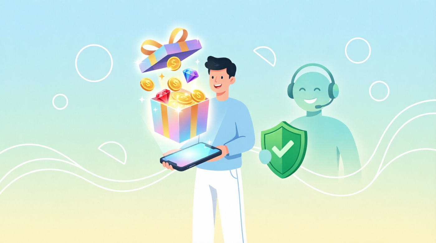 Happy mobile user receiving rewards with supportive customer service representative holding protection shield