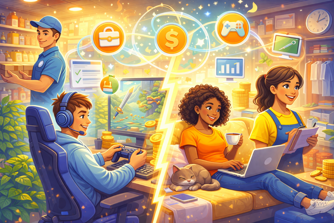 Split scene showing online work at home versus in-store part-time employment.