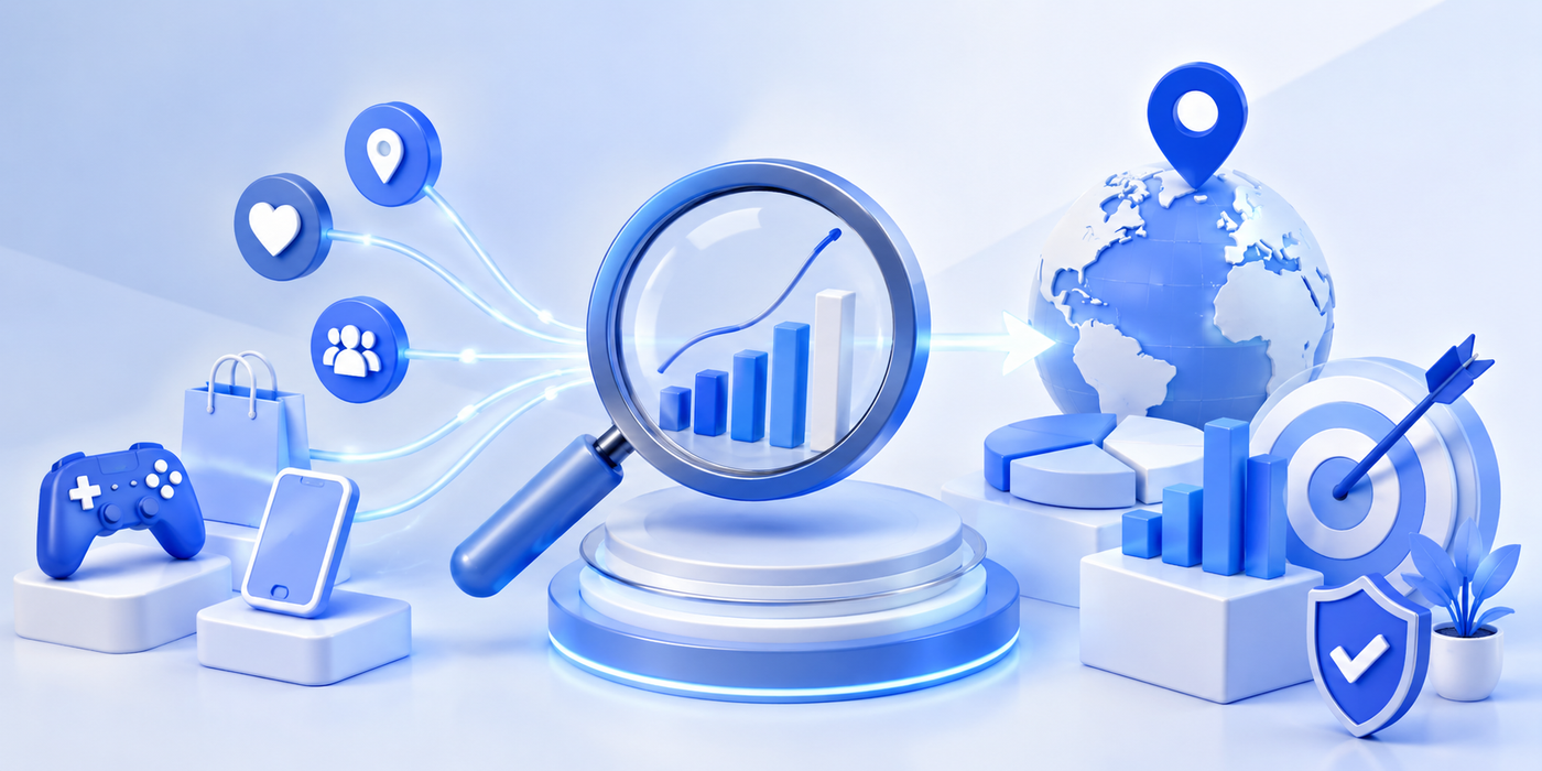 Marketing analytics with magnifying glass, charts, and global targeting.
