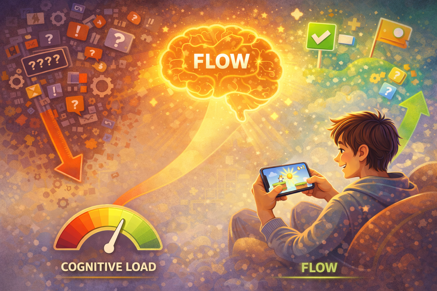 Illustration of a player fully immersed in a simple game experience, focused on a single clear action with immediate feedback, visually representing reduced cognitive load, preserved flow, and a balanced, enjoyable state of play.