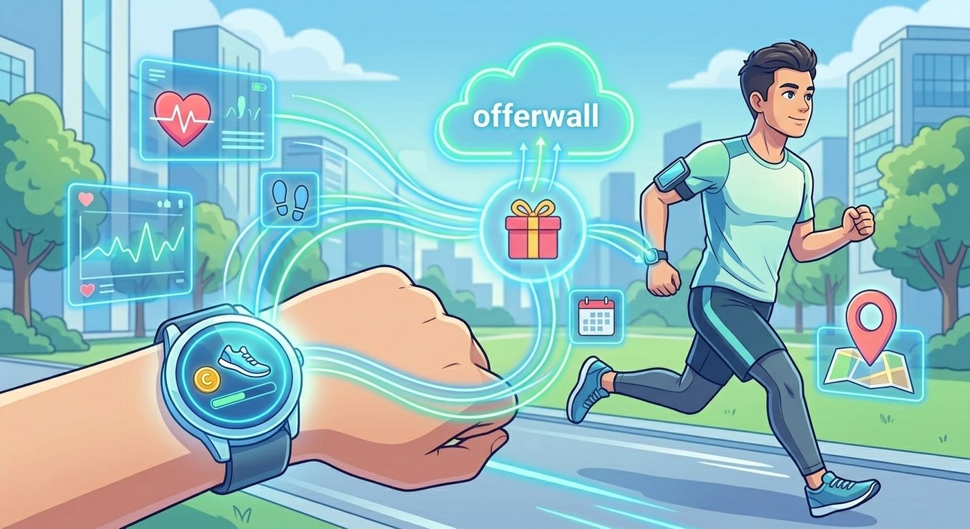 A dynamic digital illustration of a runner in an urban park. We see a tight close-up of their smartwatch, glowing with data trails and showing game-like reward icons.