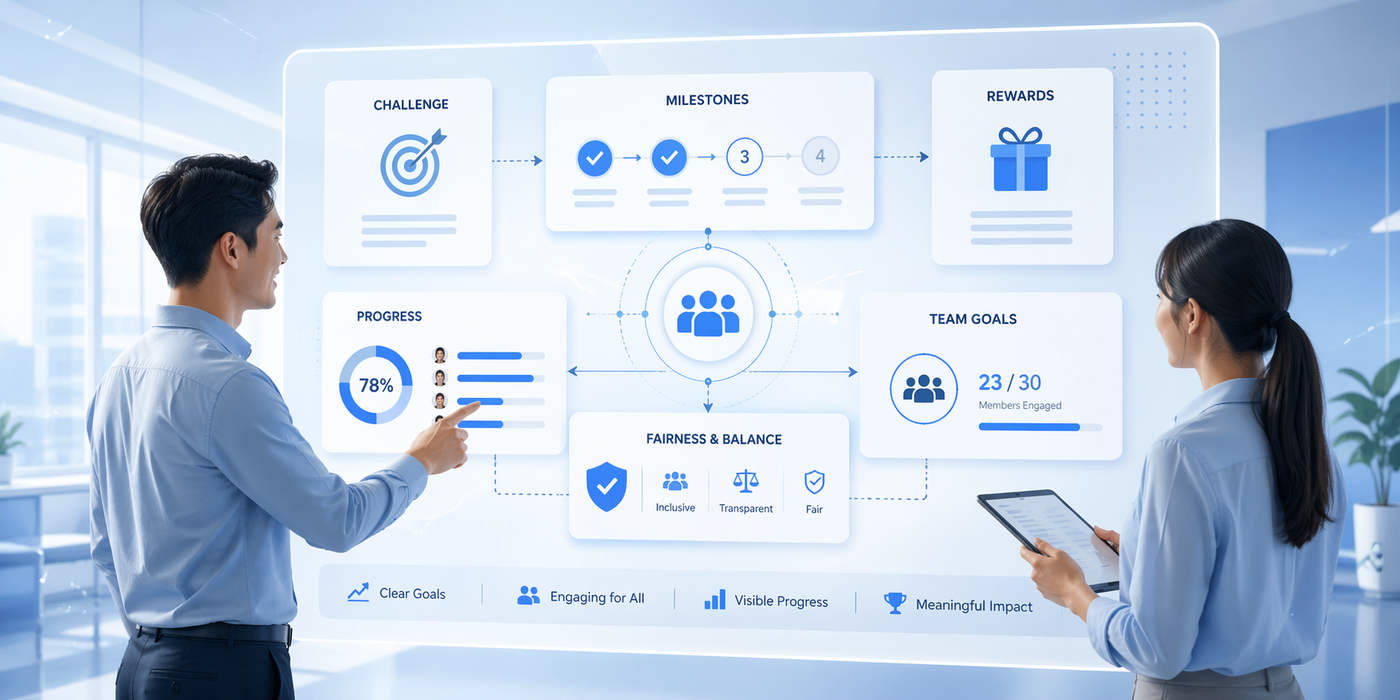Two professionals, a man and a woman, pointing at and interacting with a large, transparent digital whiteboard showing performance data, goals, and team information.