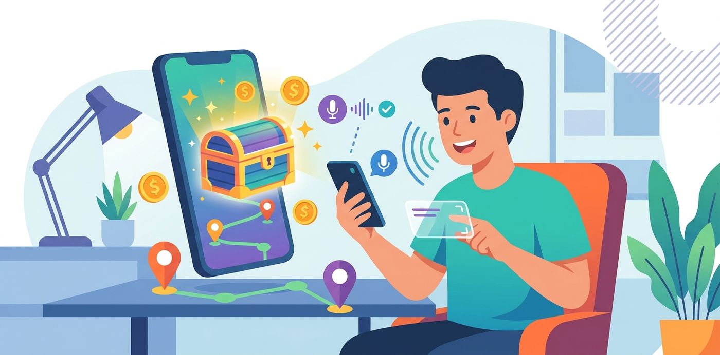 Man sitting and smiling while using smartphone with floating treasure chest, coins, and voice assistant icons.