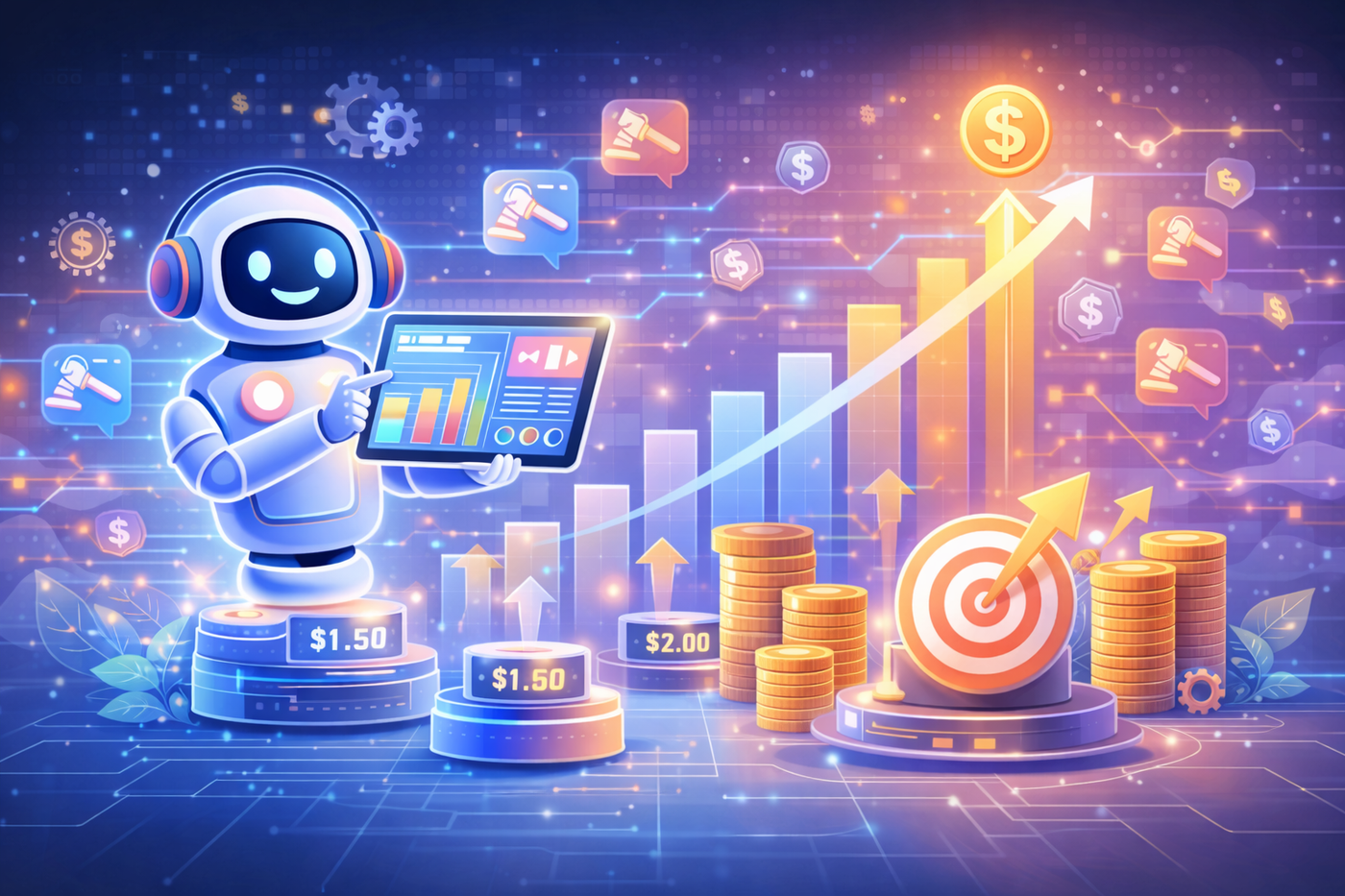 A digital illustration showing a robot optimizing bids and budgets for better ROI, with rising graphs, coins, and financial data.