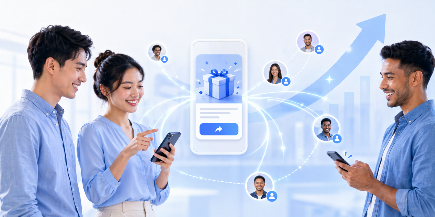 Three smiling people using their smartphones, which are connected by light lines and user icons to a central, glowing gift box above a rising arrow graph.