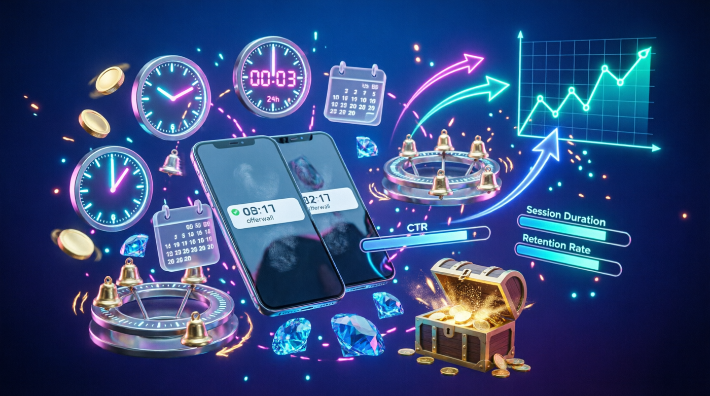 Offerwall timing and frequency testing with clocks, calendars, notification bells, analytics charts, and CTR metrics