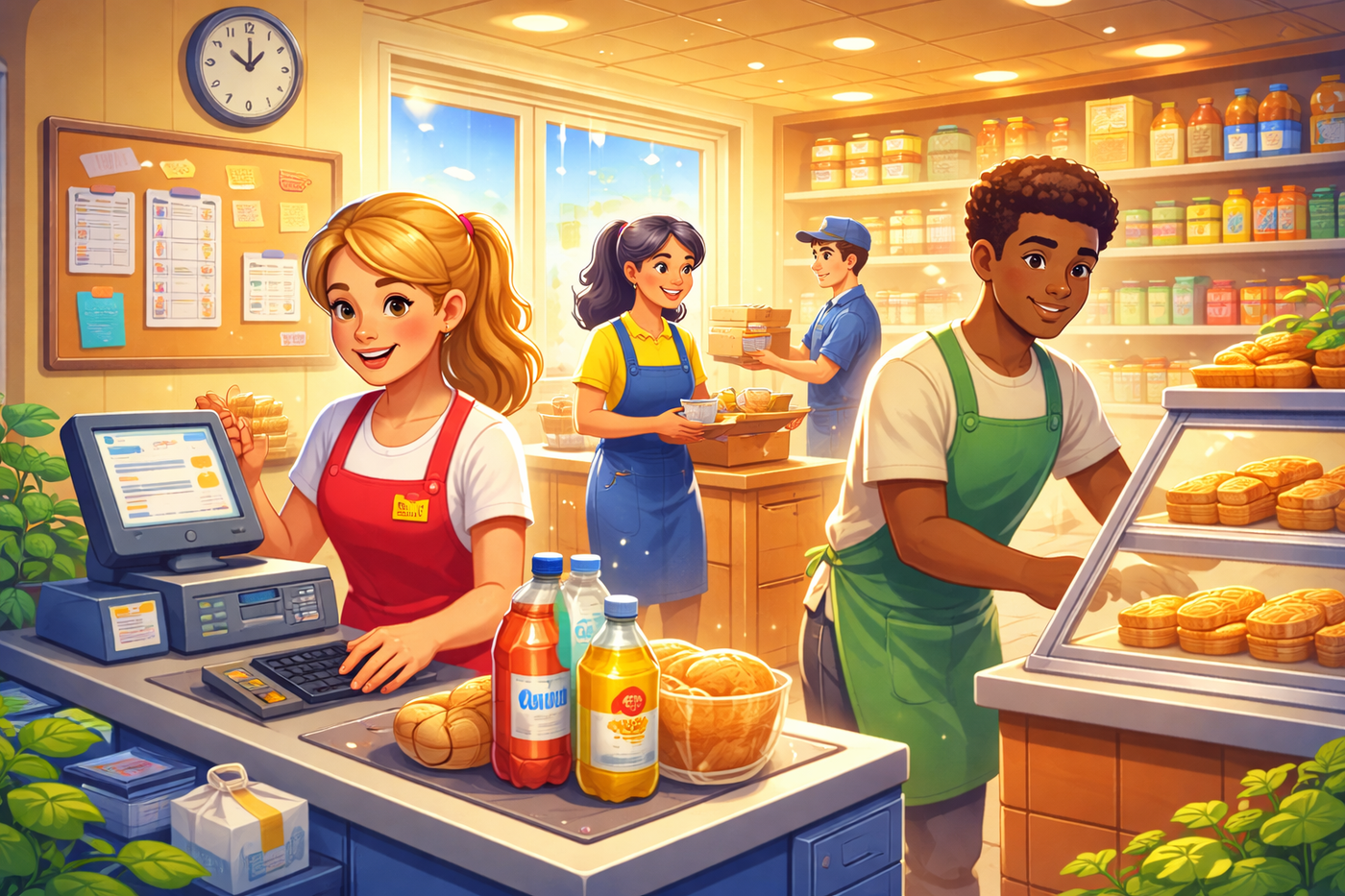 Retail store scene showing workers performing typical part-time job tasks.