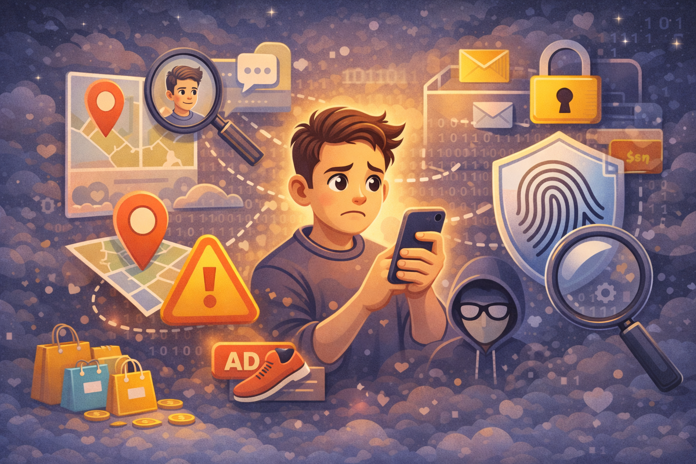 An illustration of online privacy risks, including data tracking, hacking, and scams.